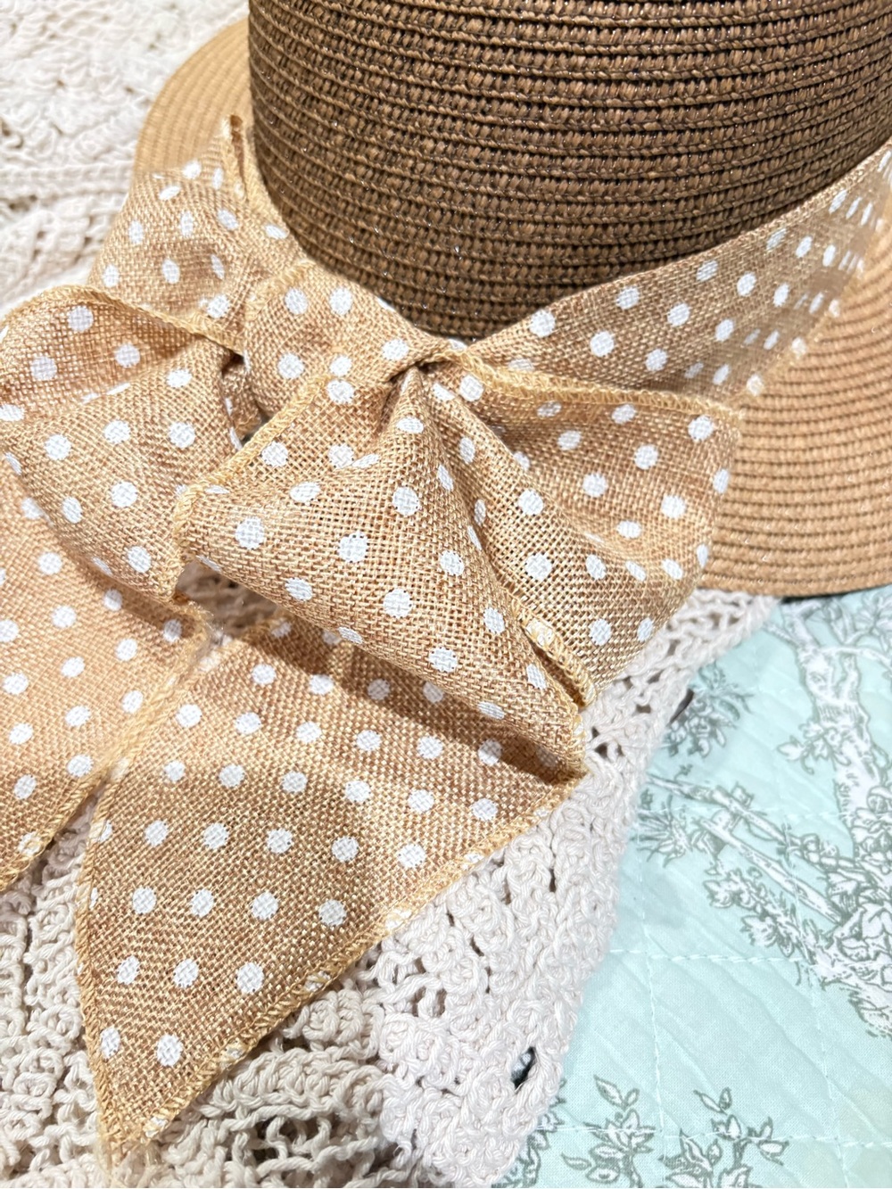 Pierre Cardin Tan Straw Sun Hat with White Polka Dot Band - Picture 8 of 11